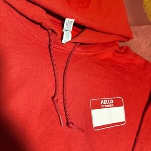 Vintage Red “Hello My Name Is” Graphic Hoodie – Size L
